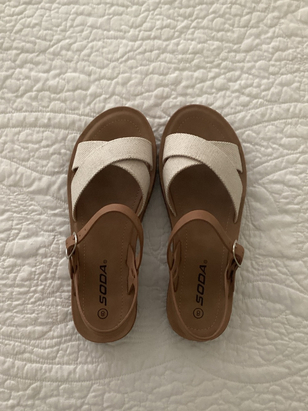Soda Women's Tan Footbed Sandals with Cream Cross-Strap